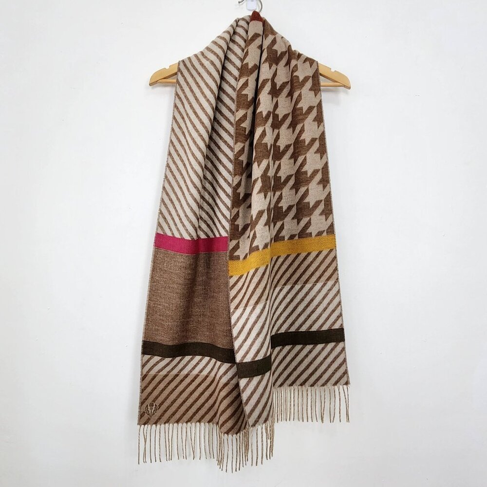 Reversible Houndstooth Stripe Pattern Beige Scarf Fringe Fall Fashion Cozy Soft